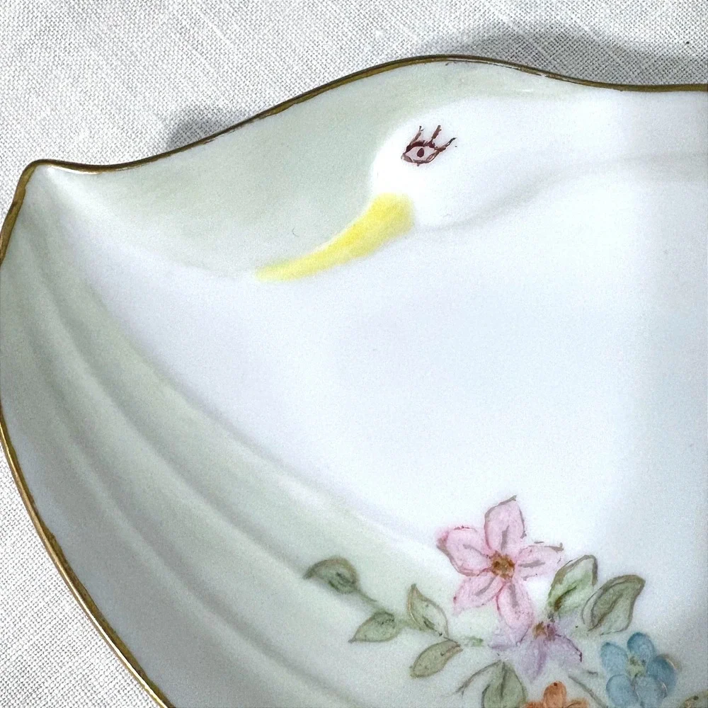 Marie Buttery 1991 Hand Painted Swan Trinket Dish Floral Porcelain‎ Gold Rim